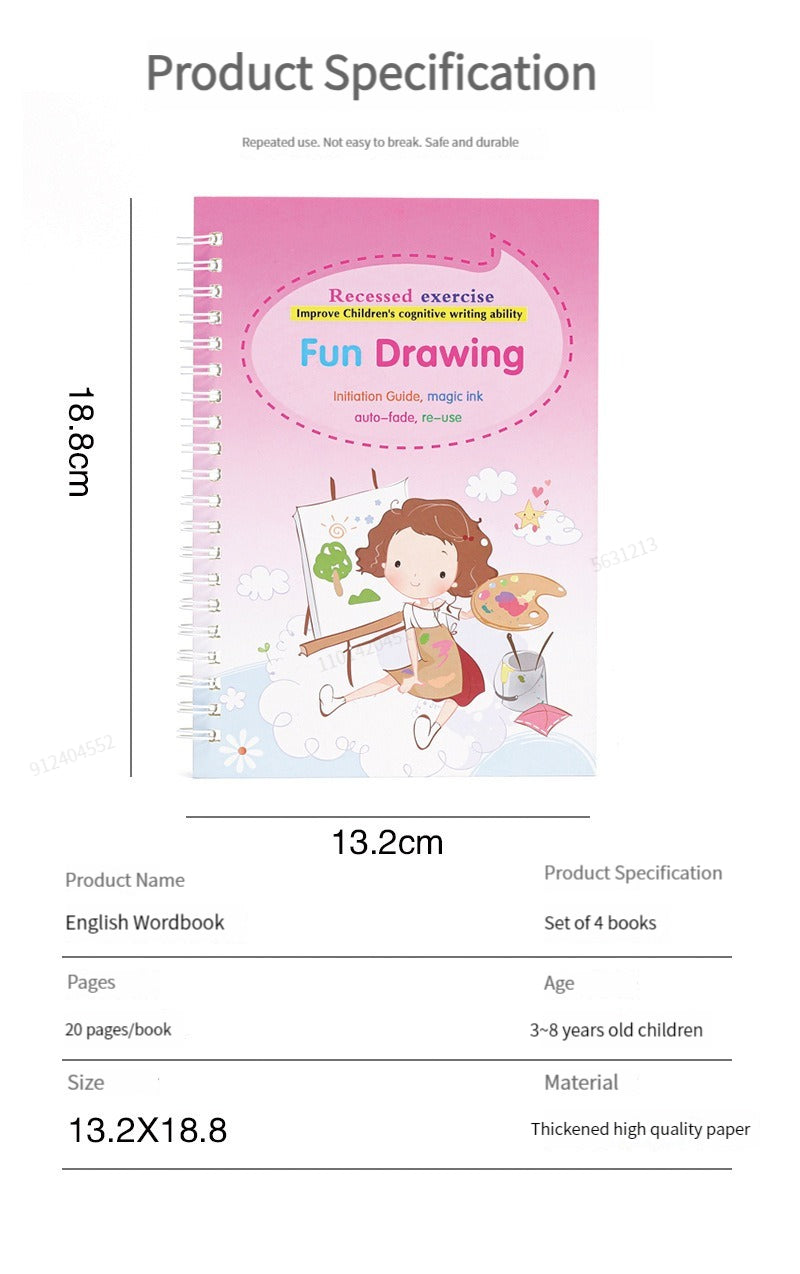 4 Bücher Englisch Übungsheft Zauberstift Nachfüllpackung Automatisch Verschwindende Tinte Kinder Schreibaufkleber Übung für Kinder Erleuchtungsgeschenk