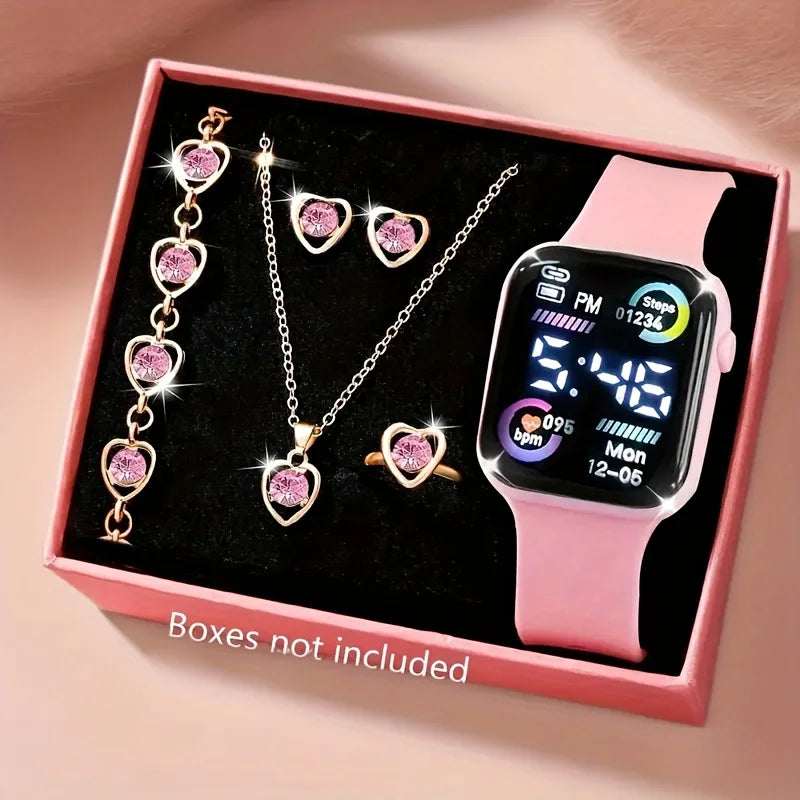 6-Piece Set of Fashion Electronic Watch Necklace Earrings Ring Set for Teenagers Boys and Girls, the Best Choice for Friend