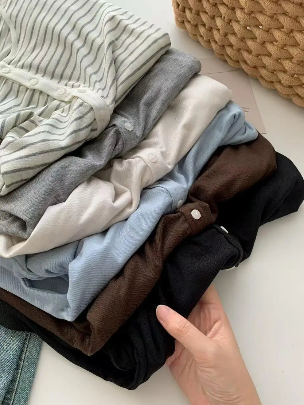 Silk Wool Basic Shirt For Women Autumn Winter Round Button Neck Slim Knitwear, Solid Color Striped Long Sleeve Top