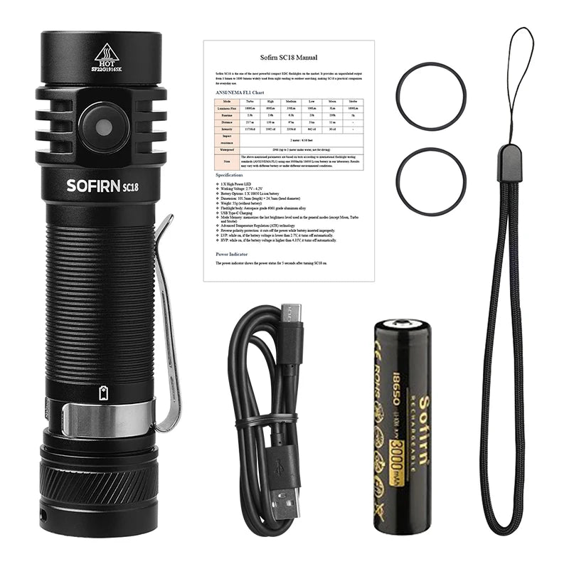 Sofirn SC18 1800lm EDC Flashlight USB C Rechargeable SST40 LED 18650 Torch TIR Optics Lens Lantern with Power Indicator - Shoppiline