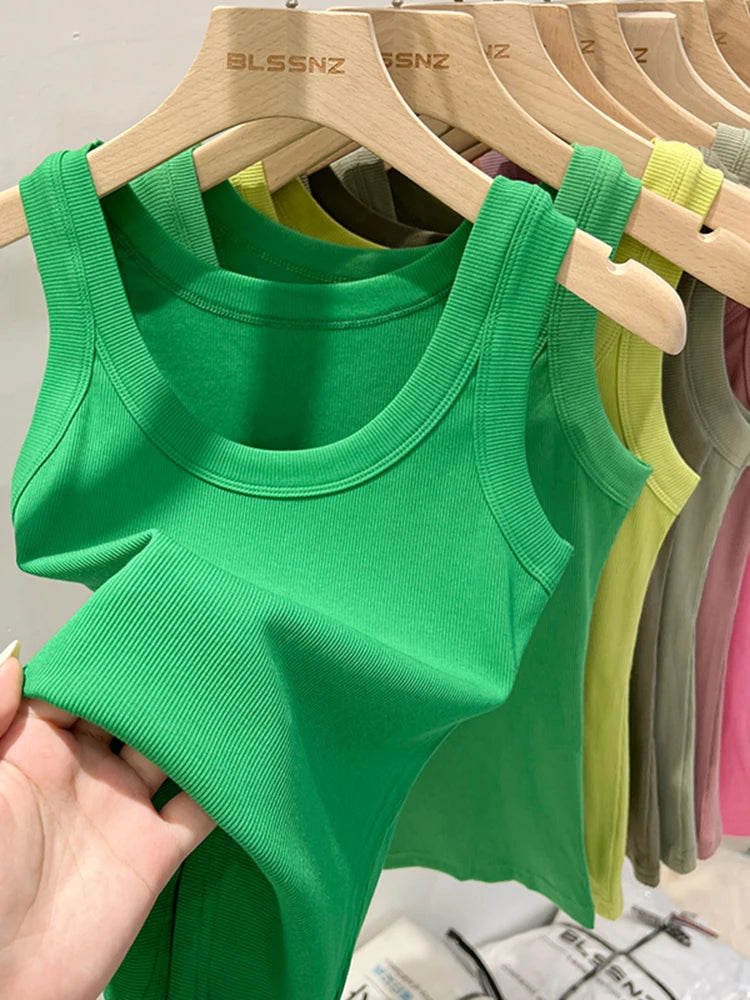 zjaiss Women Solid Round Neck Ribbed Tank Top Camisole Women 2026 Summer Basic Elastic Tank Top O Neck Solid Tank Top