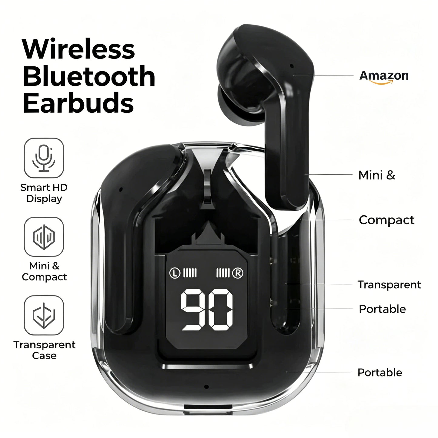 Transparent TWS Bluetooth Earphones Soft Silicone In-ear Design Wireless Sports Gaming Earbuds HiFi Stereo Audio LED Display