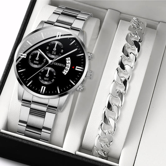 2PCS Men Business Watches Fashion Steel Band Quartz Watch Male Calendar Watch Bracelet Relogio Masculino（Without Box）
