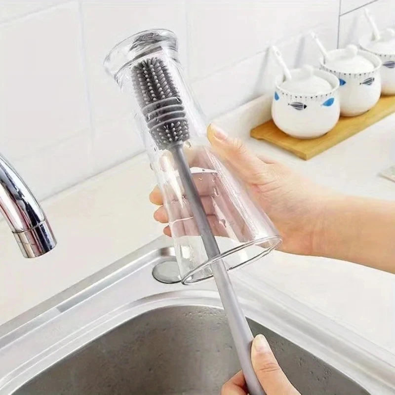Long Handle Silicone Milk Bottle Brush - Kitchen Cleaning Tool for Glass Cup Scrubber Drink Bottle Cleaner with Ergonomic Design
