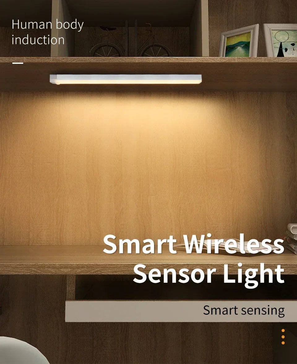LED Motion Sensor Light Wireless Night Light Rechargeable Long Strip Bar Lamp for Kitchen Cabinet Wardrobe Bedside Staircase