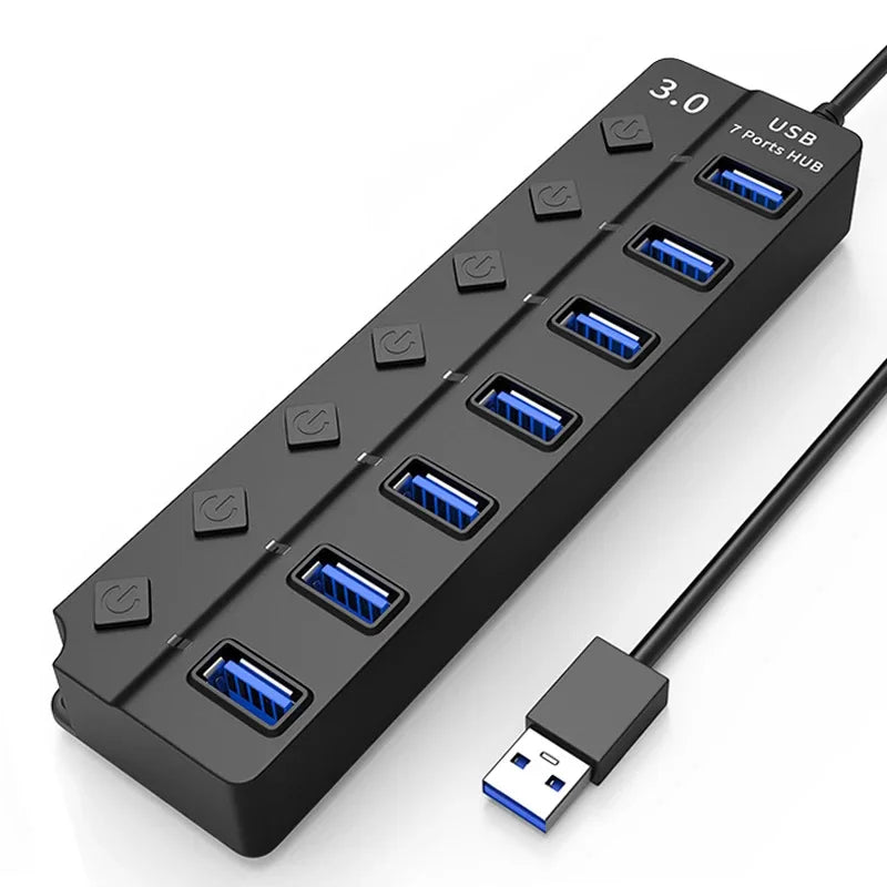 USB 3.0 Hub 4/7 Port with LED Indicator Independent Switch Control for Laptop Flash Drive Hard Disk Printer Camera Keyboard