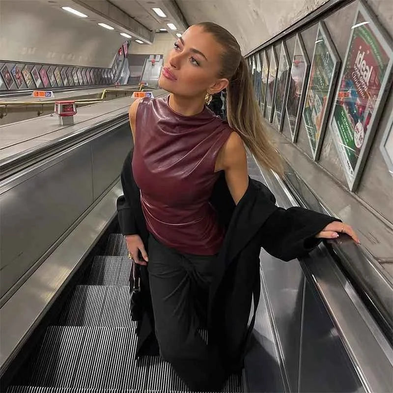 Burgundy Leather Tops Women Fashion Ruched Bodycon Crop Top Summer Sexy Sleeveless Irregular Night Club Party Tanks 2024 Black