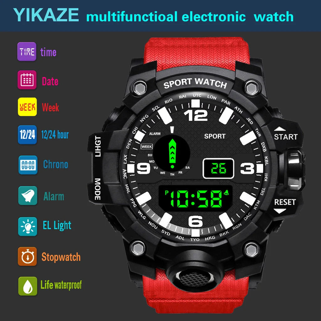 Mode Herrenuhr Sportliche elektronische Armbanduhr Großes Zifferblatt Multifunktional Wasserdicht Leuchtend Alarm Kinder Militäruhr für Herren