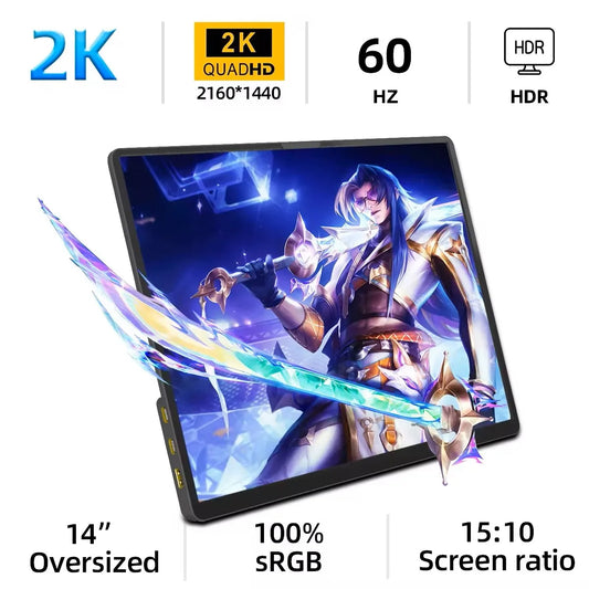 14 Inch 2K Portable Monitor 15: 10 2160*1440 IPS HDMI TYPEC For Laptop XBox PS4/5 Switch Cell Phone Computer Extension Office - Shoppiline