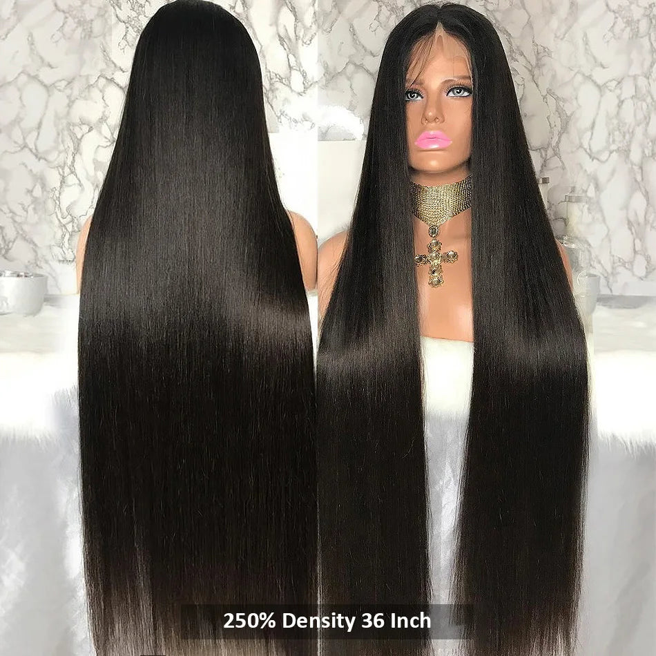 Perruques brésiliennes de cheveux humains à lacet frontal, 250 densité 13x4 13x6, transparentes, lisses, 30 40 pouces, pour femmes