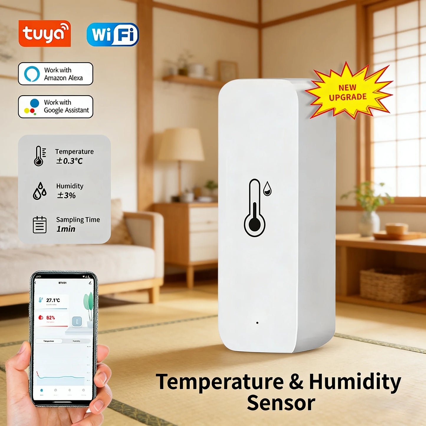 Tuya Smart WiFi Temperatur-Feuchtigkeitssensor Indoor-Hygrometer Thermometer APP Fernüberwachung kompatibel mit Alexa Google