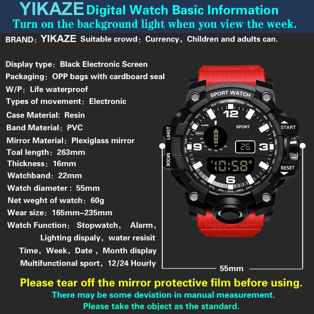 Mode Herrenuhr Sportliche elektronische Armbanduhr Großes Zifferblatt Multifunktional Wasserdicht Leuchtend Alarm Kinder Militäruhr für Herren