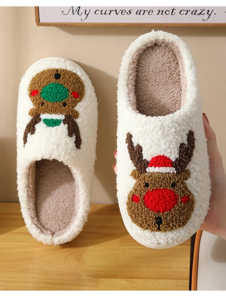 Weihnachten Elch Baumwollhausschuhe für Damen Herren Winter Süße Cartoon Zuhause Rutschfeste Paar Bodenhausschuhe Indoor Plüschschuhe 20
