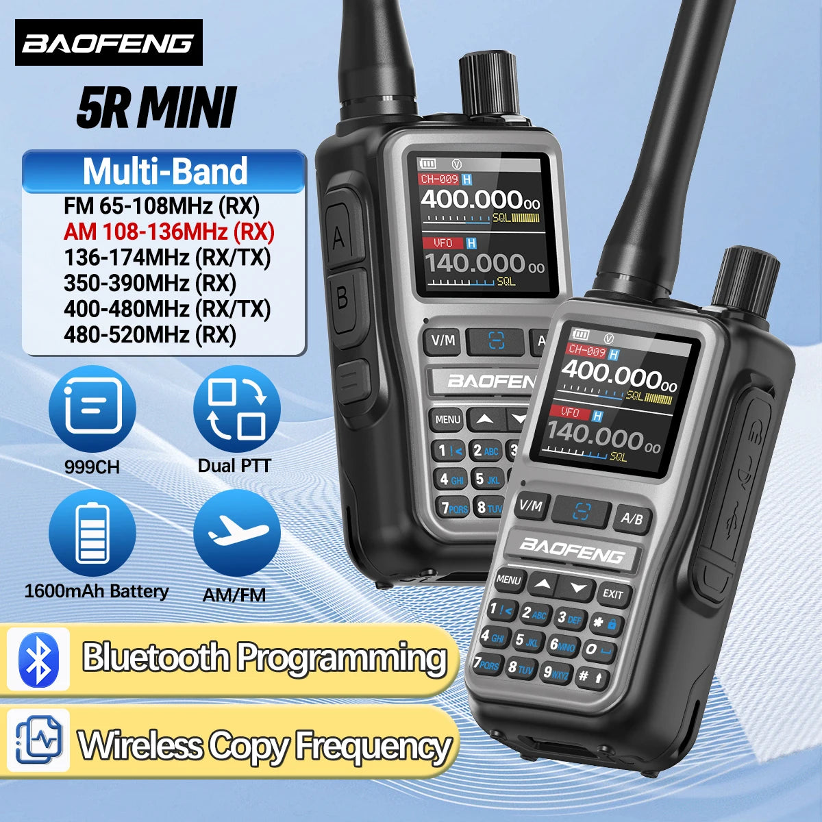 BAOFENG UV-5R Mini Walkie Talkie Multi Band Bluetooth Programming Wireless Copy Frequency 999CH AM FM Long Range Two Way Radio - Shoppiline