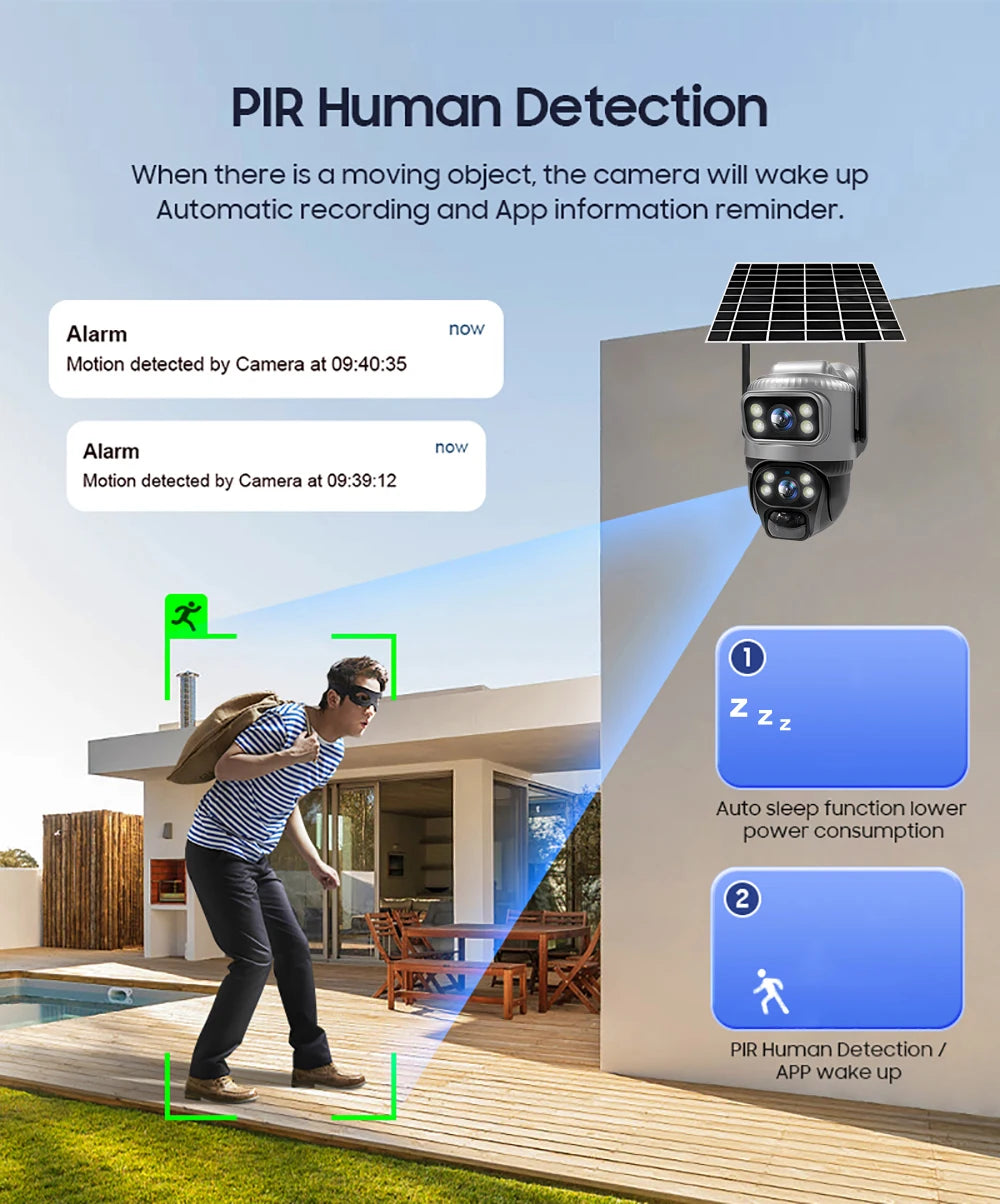 V380 Dual Lens 4G Camera Solar PIR Human Detection Night Vision Waterproof Security Video IP Camara 8MP 4K Battery CCTV Monitor - Shoppiline