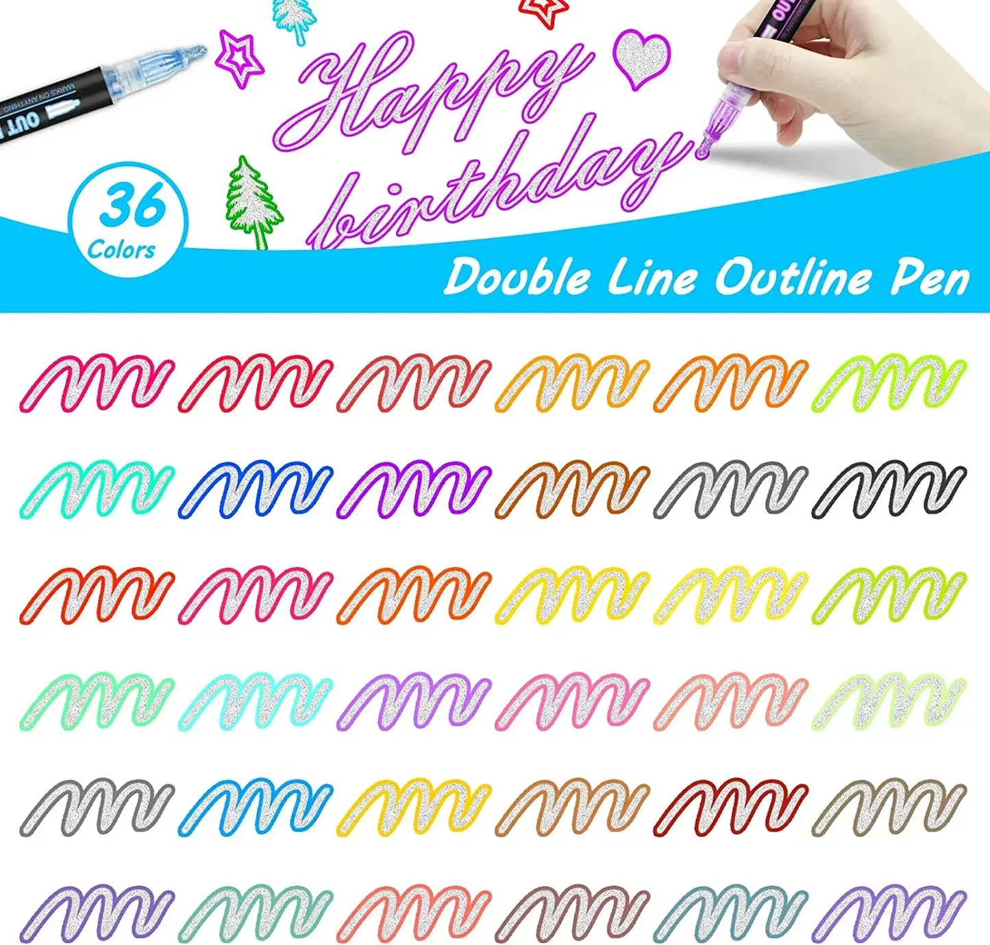 36 Color Double Line Outline Art Pen Marker Pen DIY Graffiti Outline Marker Pen Highlighter Scrapbook Diary Poster Card - Shoppiline
