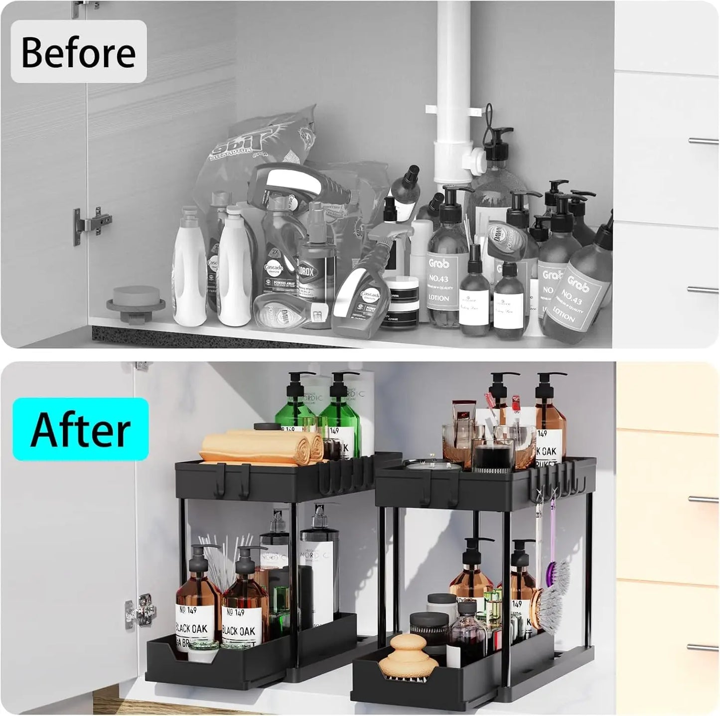 Under Sink Organizers 2 Tier Under Bathroom Cabinet Holder with Hooks & Hanging Cup, Multi-Purpose Storage Shelf for  Kitchen - Shoppiline