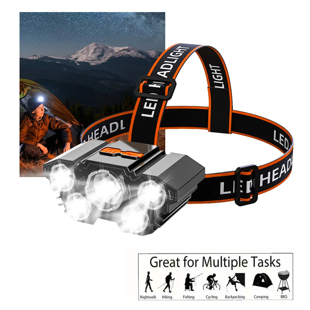 1x Wiederaufladbare Stirnlampe, Tragbare 5LED Scheinwerfer-Taschenlampe, Tragbare Arbeitsleuchte, Angeln Camping Stirnlampe für Reisen, Camping