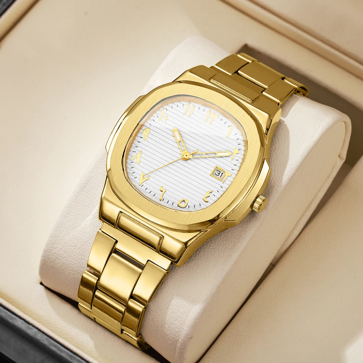 Luxus Herren Business Uhren Mode Quadratisches Zifferblatt Edelstahlarmband Quarzuhr mit Kalender für Herrenuhr (Ohne Box)