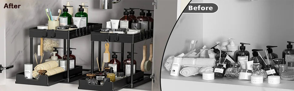 Under Sink Organizers 2 Tier Under Bathroom Cabinet Holder with Hooks & Hanging Cup, Multi-Purpose Storage Shelf for  Kitchen - Shoppiline
