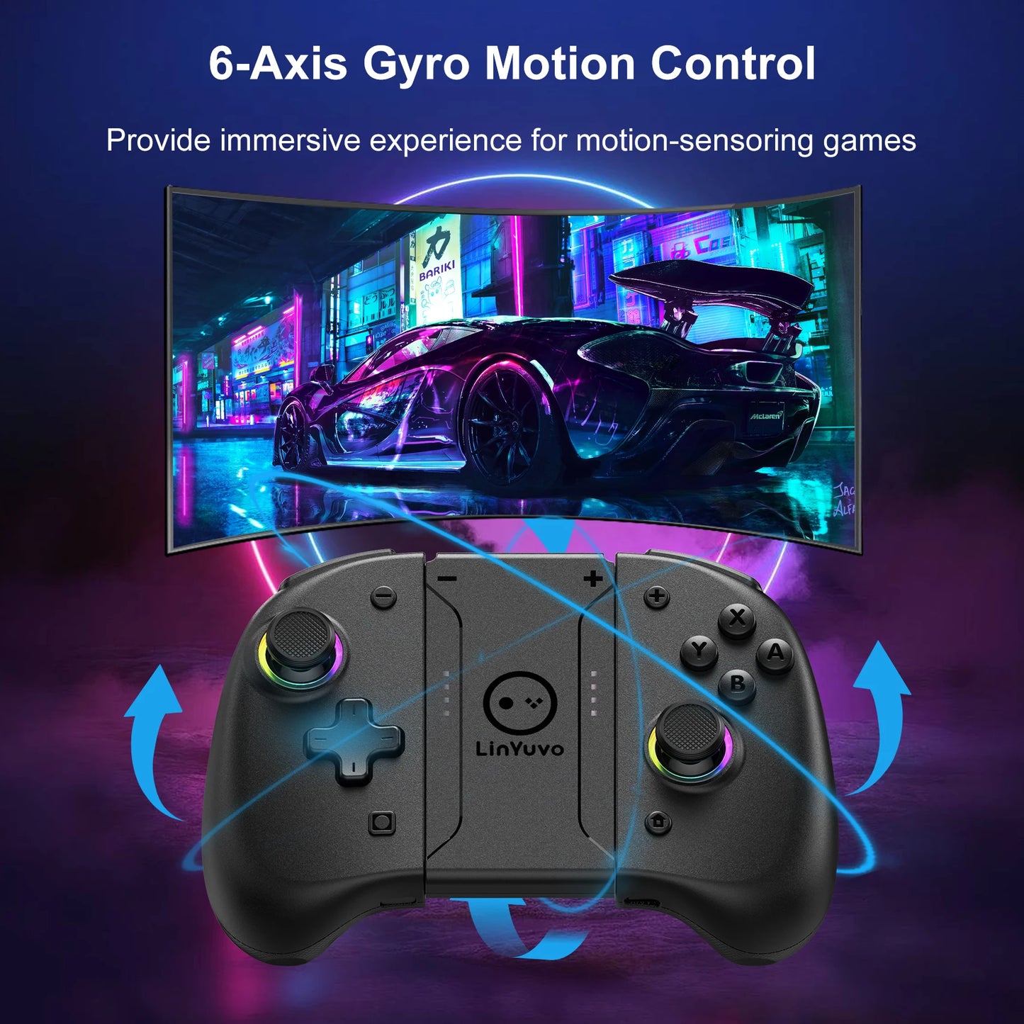 Manette sans fil LinYuvo KS37 Meteor Light pour Switch/Switch OLED, avec fonctions programmables, gyroscope 6 axes, Turbo et vibration