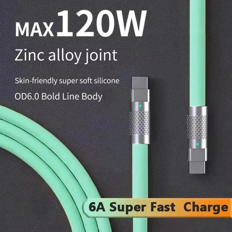 120W 6A Cable  Super Fast Charge PD Type C Liquid Silicone Cable 1M 1.5M 2M Cable C To C Quick Charger Cable for Xiaomi iPhone