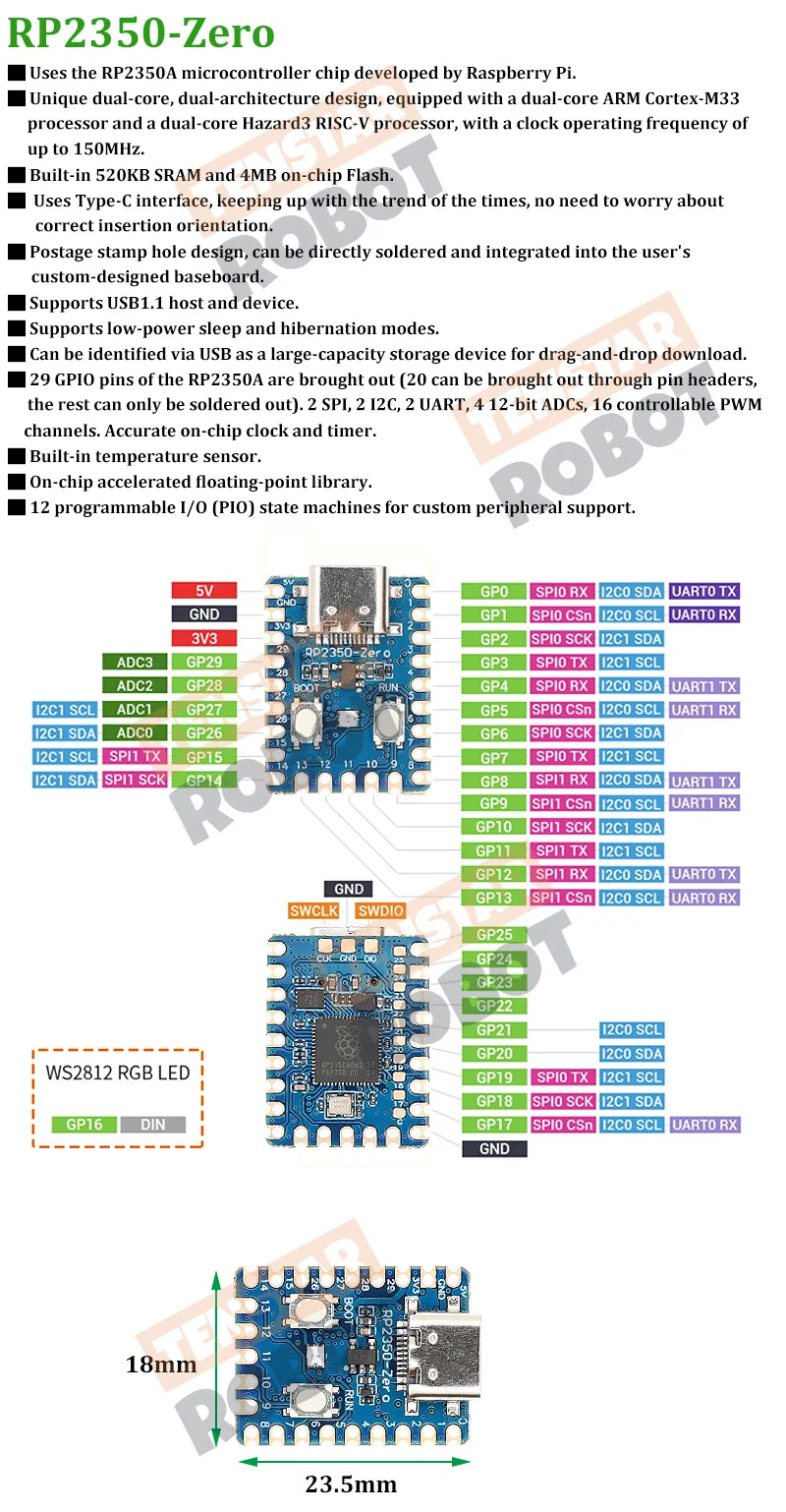 TENSTAR RP2040-Zero RP2040 pour Raspberry Pi Microcontrôleur PICO Carte de Développement Module Dual-Core 2MB Flash