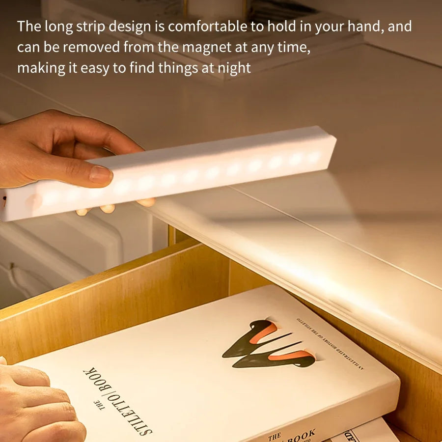 LED Motion Sensor Light Wireless Night Light Rechargeable Long Strip Bar Lamp for Kitchen Cabinet Wardrobe Bedside Staircase