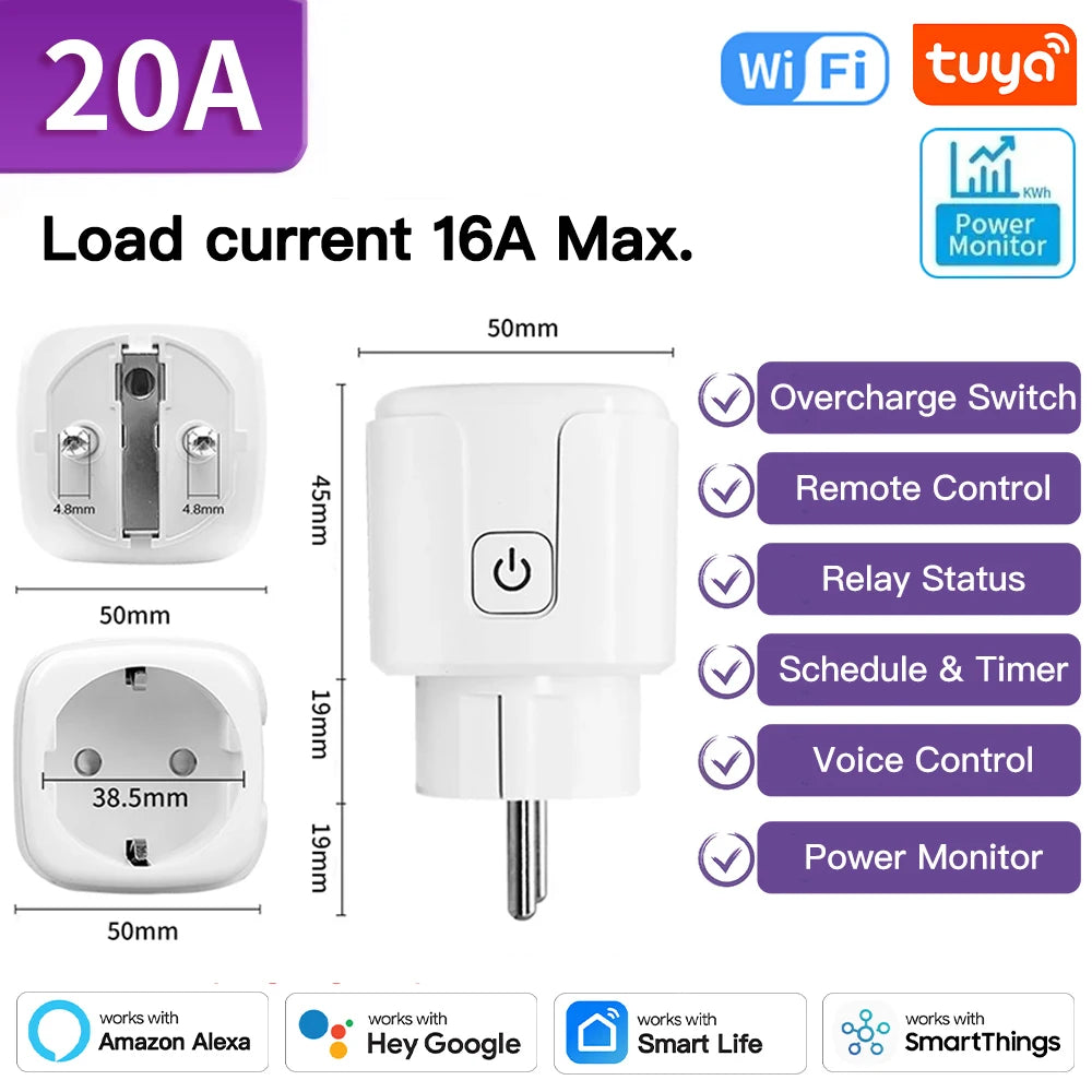 Tuya WIFI Smart Socket EU 16A/20A Wifi/Zigbee3.0 Smart Plug With Power Monitoring Smart HomeVoice Control Support  Alexa