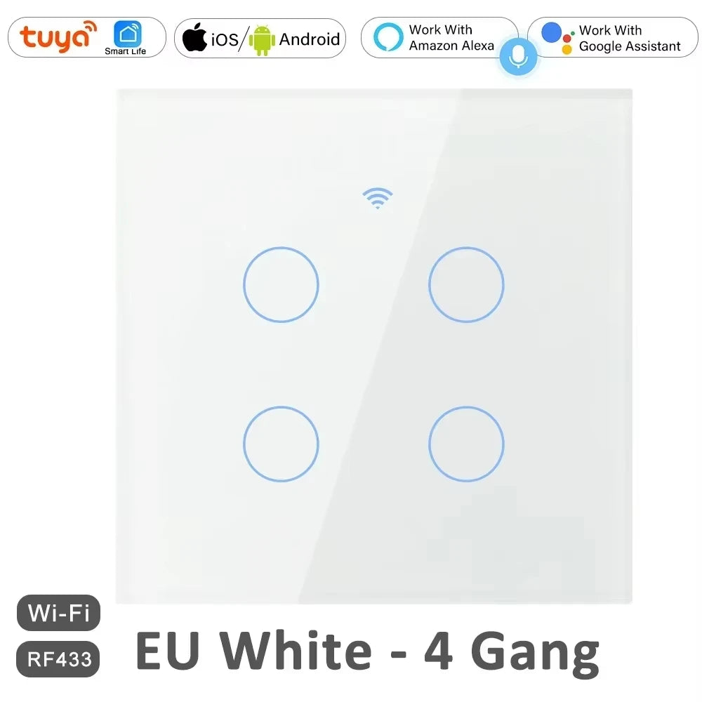 EU WiFi RF 433mhz Smart Wireless Touch Wall Light 1/2/3/4 Gang with Switch Button 220V with no Neutral EU Tuya Alexa Google - Shoppiline