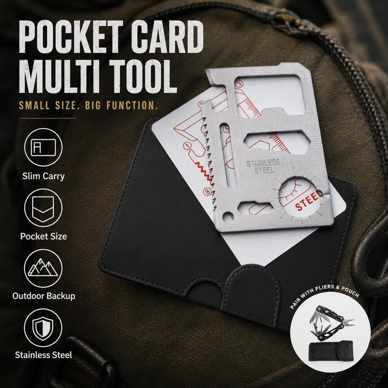 2PCS Outdoor Multi Tool Set, Folding Pliers and Pocket Card Tool for Camping Repair, Portable Emergency Hand Tools