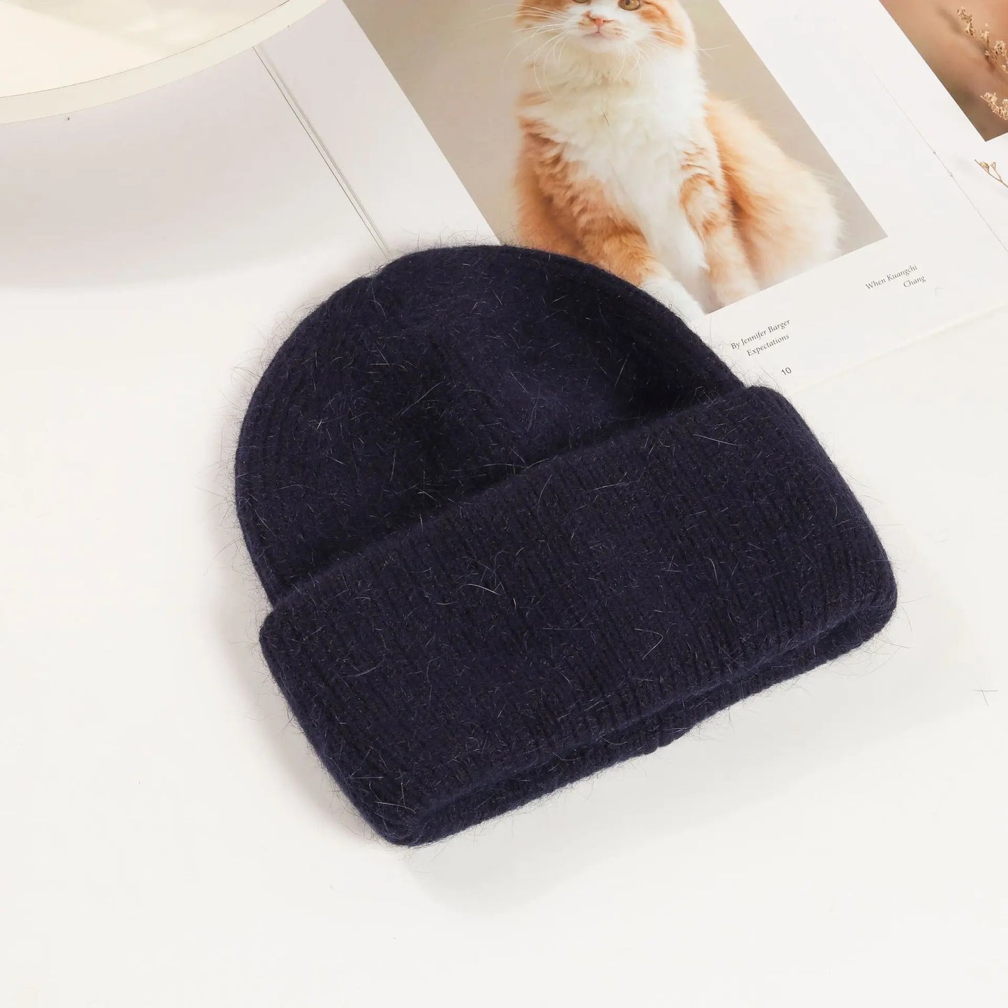 Bonnets d'hiver pour femmes en fourrure de lapin tricotés, bonnets épais à revers, bonnets amples et doux pour le ski.