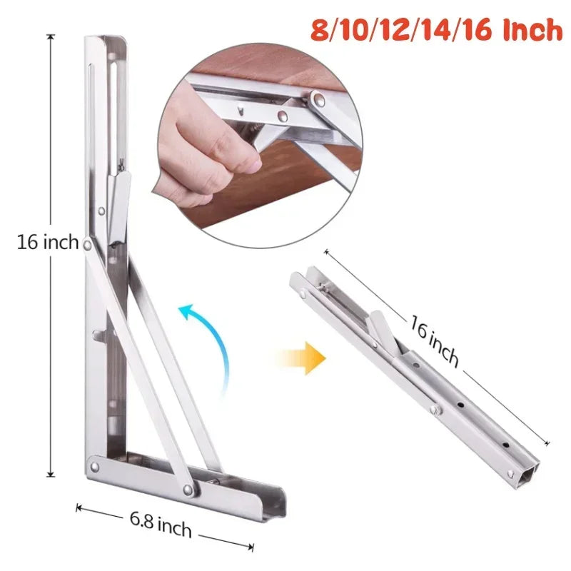 Heavy Duty Folding Triangle Shelf Bracket | Stainless Steel Wall Mount, Space Saving Fold Flat Rust-Proof Support