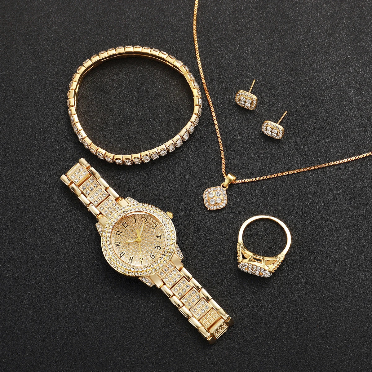 6 STÜCK Mode Volldiamant Damenuhr Gold Stahlarmband Analog Quarz Uhren Schmuckset (ohne Box)