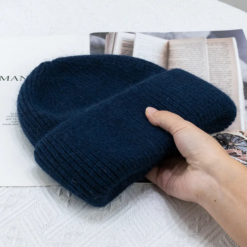 Bonnets d'hiver pour femmes en fourrure de lapin tricotés, bonnets épais à revers, bonnets amples et doux pour le ski.