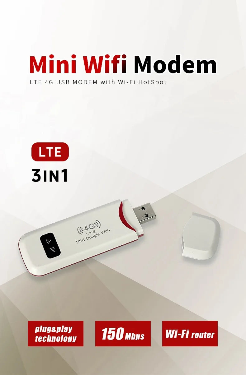 4G LTE Modem Stick Wireless 150Mbps USB Dongle Mobile Broadband 4G Sim Card Wireless Router Home Office Wireless WiFi Adapter