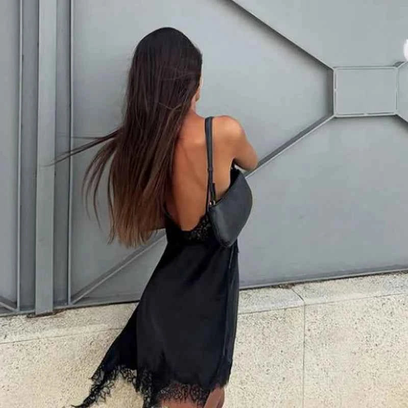 HXAO Asymmetrical Lace Dress Woman Sleeveless Slip Black Dress Summer Satin Party Dresses Backless Sexy Short Night Dresses