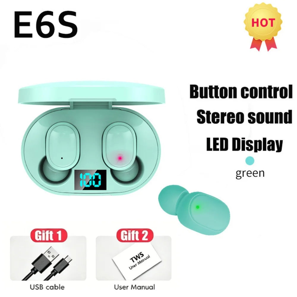 Digital Display Bluetooth Earphones with Mic TWS E6S Wireless Bluetooth Headset Noise Cancelling Headset for Xiaomi Huawei Oppo
