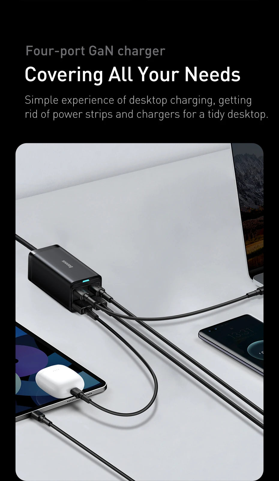 Baseus GaN3 100/ 65W Desktop Charger Quick Charge QC 3.04.0 USB C Type C Phone Charger For iPhone15 Huawei Xiaomi MacBook Laptop - Shoppiline