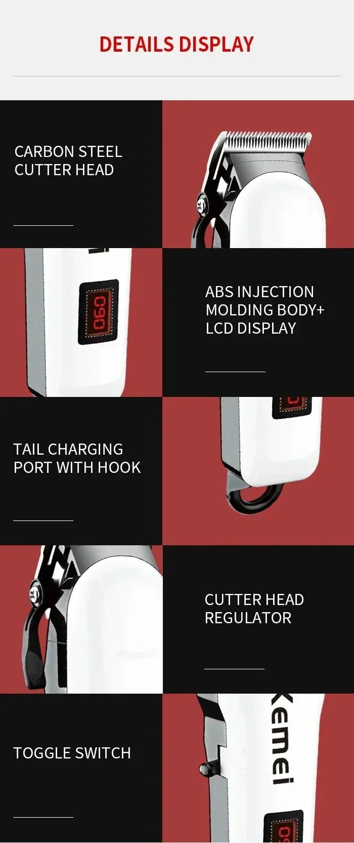 Kemei Hair Clipper Km-809A Km-2299 Km-2024 UBS Rechargeable Cordless Beard Trimmer Powerful Electric Hair Clippers for Men