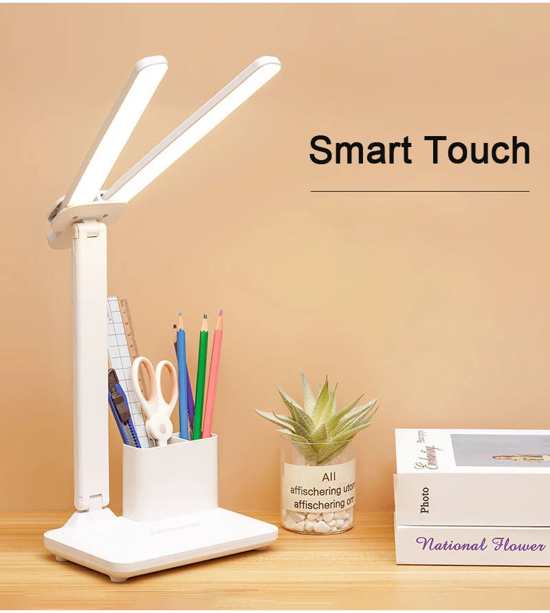 LED Table Lamp Double-Headed USB Chargeable Dimmable Desk Lamp with Calendar Clock Foldable Eye Protection Reading Night Light