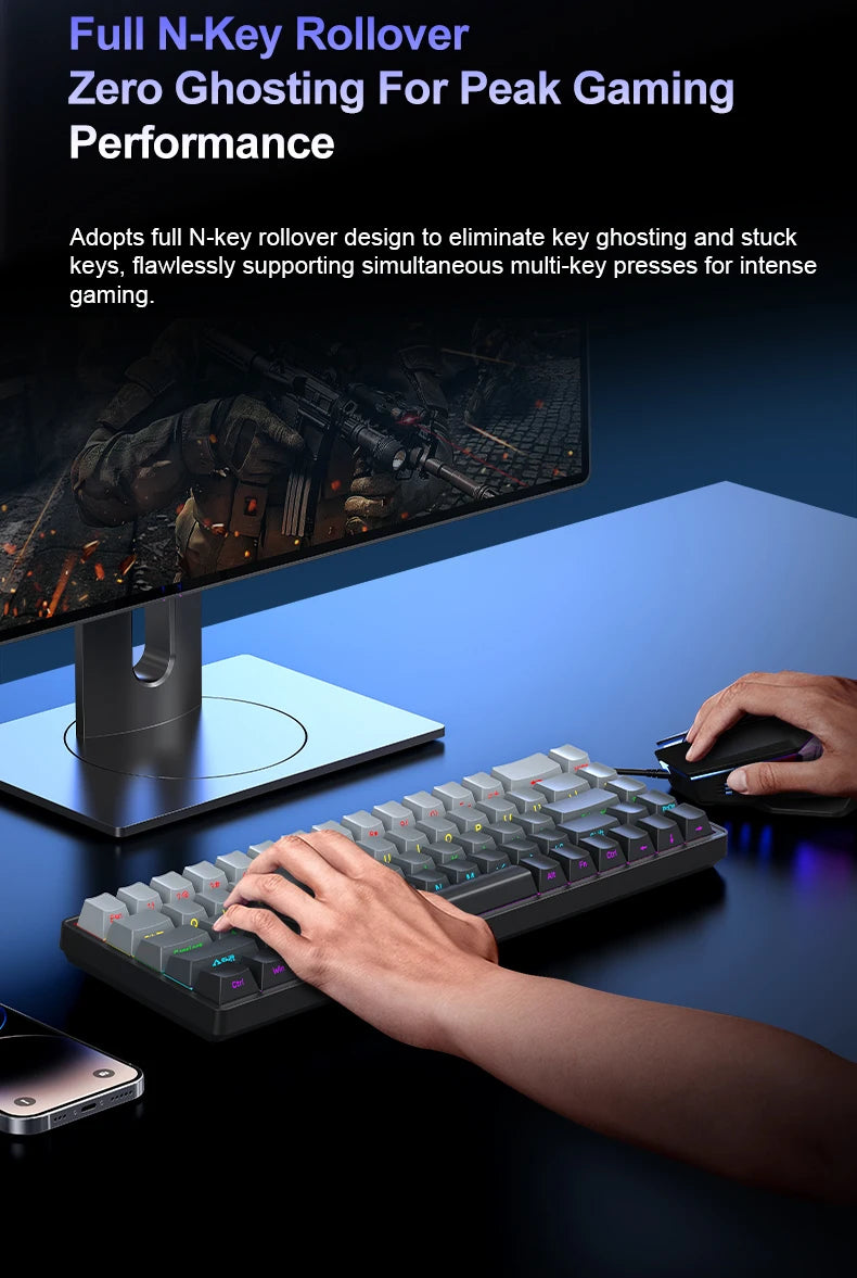 APAYADO A68 Wired Mechanical Keyboard RGB Backlight,Fully Hot-Swappable Keys,ABS Keycaps,68-Key Keyboard for Gaming/Office Use