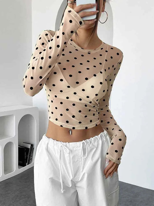 Womens Polka Dots Long Sleeve Mesh Tops Sexy See Through Sheer Blouses Shirts Going Out Crop Top Y2K Date Night Club Party Tops