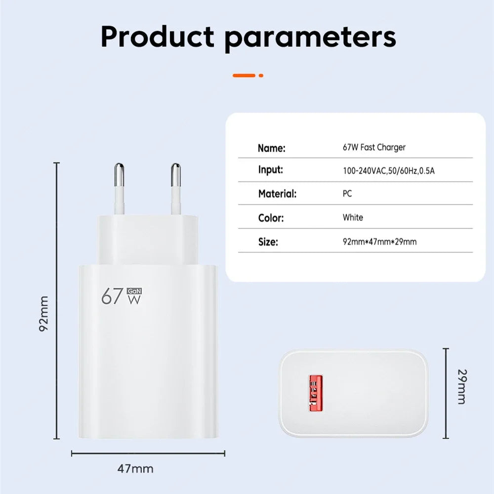 67W USB GaN Charger Fast Charging EU/US/UK Plug Charger Adapter 10A Type C Cable For iPhone Samsung Xiaomi Huawei Quick Charger - Shoppiline