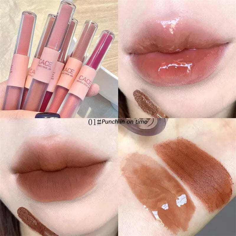 Doppelseitiger Lip Glaze Vollglanz Spiegel und mattes Samt Langzeit-Farbe und Feuchtigkeit Lip Gloss Anti-Flecken Kosmetik Lip Glaze