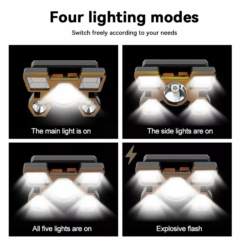 1x Wiederaufladbare Stirnlampe, Tragbare 5LED Scheinwerfer-Taschenlampe, Tragbare Arbeitsleuchte, Angeln Camping Stirnlampe für Reisen, Camping
