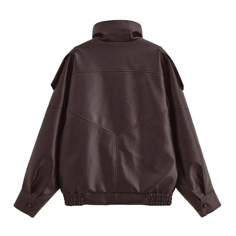 Women's Jacket 2026 Autunm  New Black Long Sleeve Pebble Faux Leather Jacket Motorcycle Style Personality Fashion