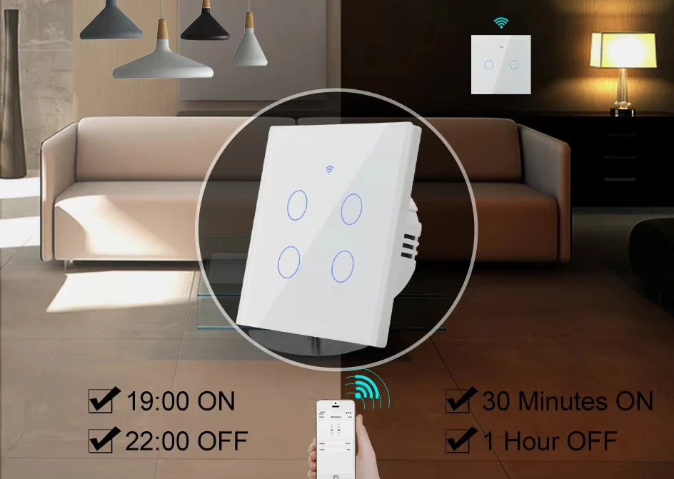 EU WiFi RF 433mhz Smart Wireless Touch Wall Light 1/2/3/4 Gang with Switch Button 220V with no Neutral EU Tuya Alexa Google - Shoppiline