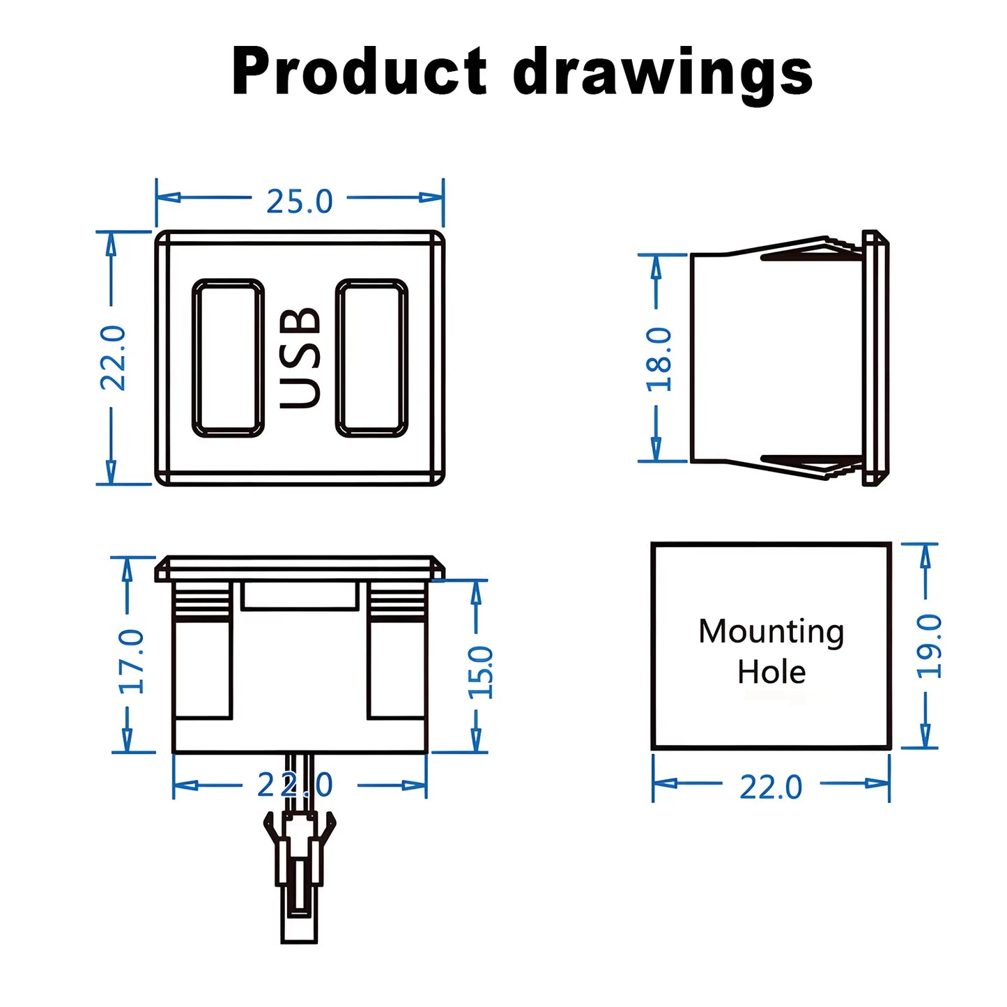 Double Layer USB Female Base Type-C Socket with Cable Connector Female USB Lamp Charging Power Socket for Electronics