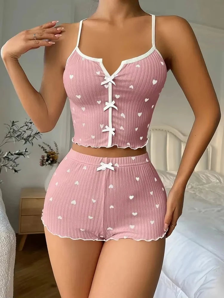 Sleepwear Women Pajamas Set Heart Print Soft Ribbed Fabric with Flirty Frill Trim Casual Cami Top and Shorts Sets Loungewear